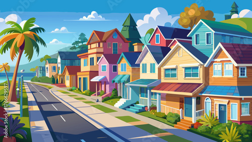 Very beautiful, California typical suburban street, tropical Oceanside USA, different colorful houses in a row, generic American homes, building facades, townhouse exterior architecture, and peaceful 