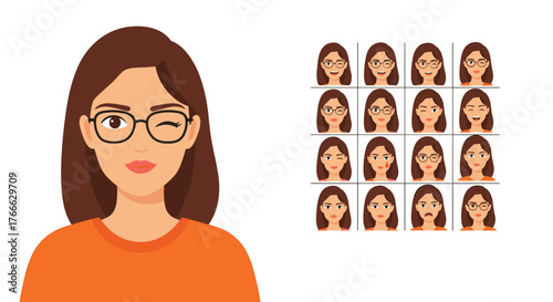 A woman with brown hair and glasses displays various emotions in a grid of illustrations.