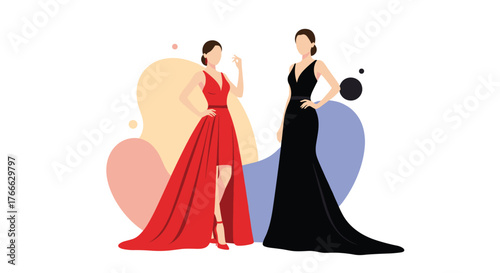 Two elegant women in formal gowns, one in red and one in black, posing against abstract colorful shapes.
