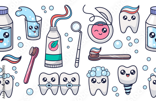Mouth hygiene kawaii border, frieze, edging, seamless pattern. Stomatology concept illustration. Oral hygiene textile design. Dental cleaning cosmetic. Vector