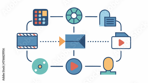 A dynamic flowchart illustrating the stages of film production from preproduction to post interconnected with arrows and icons symbolizing each phase.