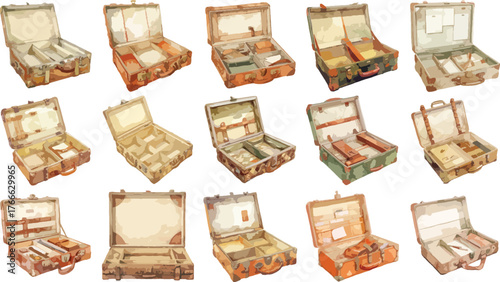 Watercolor Vintage Open Suitcase Clipart