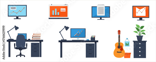 Home office workspace vector set with desk, lamp, computer and cozy interior design