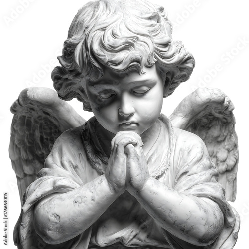 cherub statue praying with folded hands isolated on white background