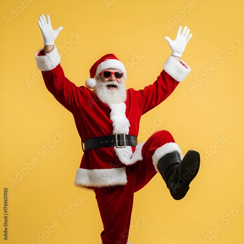 fête de Noël, Père Noël funky et fou chantant et dansant sur des chansons, mélodie sonore, écouter la musique, danser, porter un chapeau de Noël élégant et des bretelles, isolé sur fond jaune
