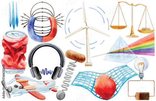 Watercolor Physics Clip Art Set Science Education Element Prism Light Circuit Gravity Sound Wave Wind Turbine Scales Airplane Spring Illustration School Laboratory Study