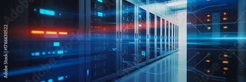 server room with server racks in datacenter banner. technology background. 3d illustration.