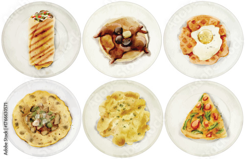Watercolor Breakfast Dish Clip Art Set Top View Food Menu Burrito Waffle Scrambled Egg Pizza Mushroom Hand Drawn Illustration Isolated on White Background Graphic Plate