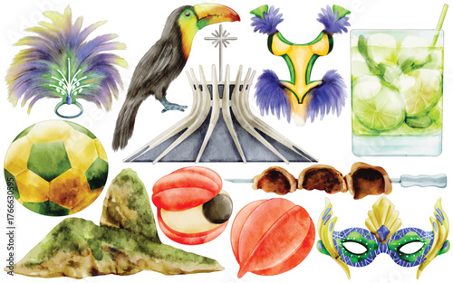 Watercolor Brazil Clip Art Set Culture Travel Carnival Mask Toucan Caipirinha Cathedral of Brasilia Sugarloaf Mountain Soccer Ball Pão de queijo Illustration Rio de Janeiro Landmark