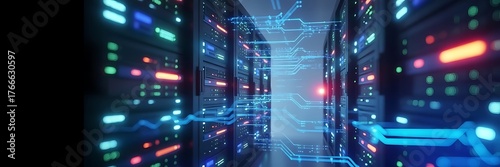 server room with server racks in datacenter banner. technology background. 3d illustration.