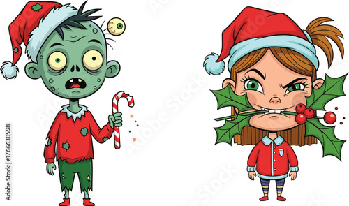 Funny zombie boy with candy cane and angry Christmas girl biting holly leaves, humorous horror holiday cartoon vector illustration design.
