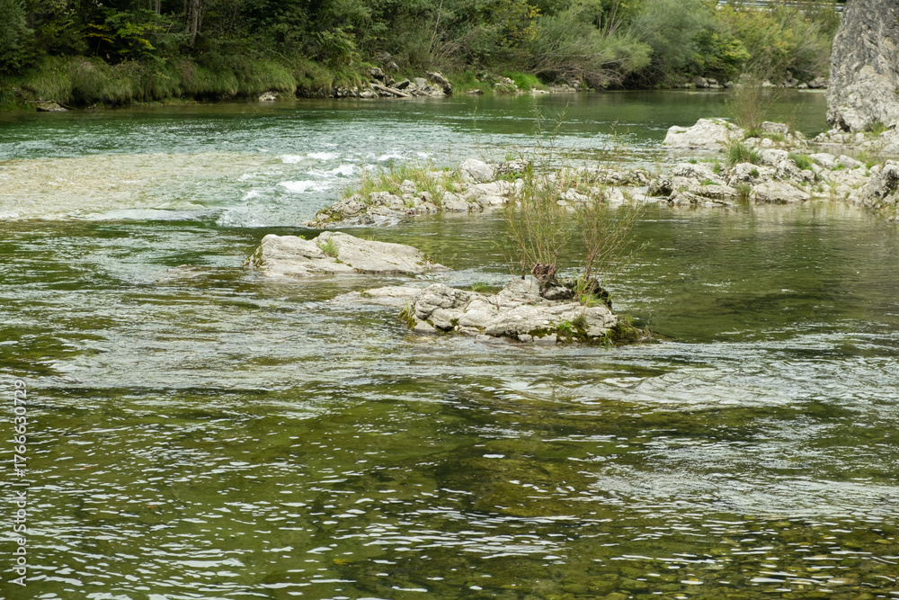 Obraz premium Mountain River Flow, Scenic Alpine Landscape.