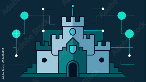 A digital fortress silhouette reinforcing the concept of safeguarding networks from cyber intrusions.