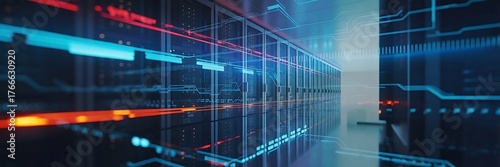 server room with server racks in datacenter banner. technology background. 3d illustration.