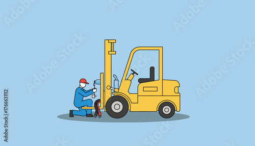 Mechanic performing forklift maintenance and repair in a factory or warehouse, using tools to inspect and fix heavy equipment for safe, efficient industrial operation and logistics
