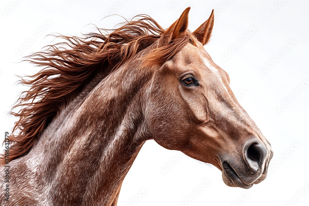 Obraz premium A front view of a majestic brown horse, its strong head and muscular body captured in a clean, isolated shot against a white background, showcasing its grace and power.