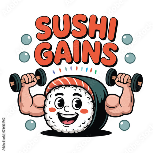 Funny sushi character lifting weights with sushi gains text