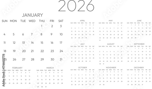 2026 black and white minimalist Calander in editable eps vector format. New year planner, journal
