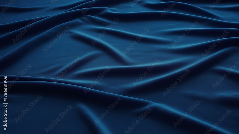 Fototapeta premium Abstract dark blue satin fabric with elegant folds and soft lighting, luxurious textile background