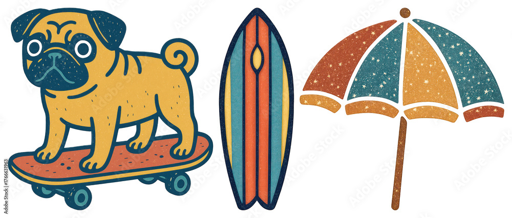 Fototapeta premium PNG Retro pug surfing adventure illustration, element set on transparent background