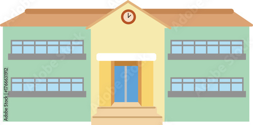 Elementary School Building Front View Flat Style