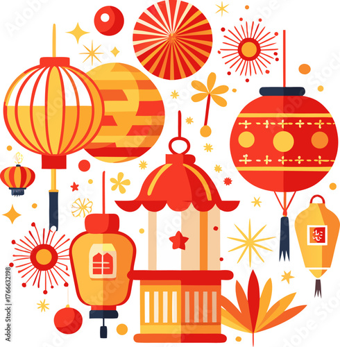  Lunar New Year celebration with lanterns, fireworks, and red-gold color theme, vector art white background