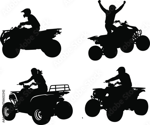 ATV rider silhouette, black vector quad bike icons, off-road adventure poses, extreme sport illustration, isolated white background design