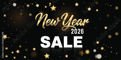 new,year,sale flat vector banner illustration with gold bokeh and stars announcing new year 2026 sale