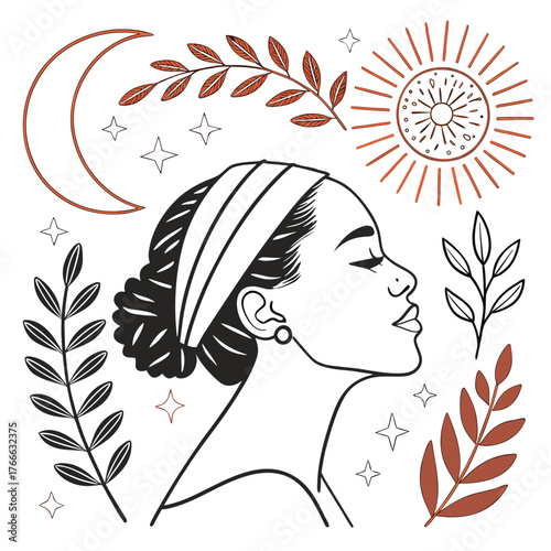 Elegant boho woman profile with celestial and botanical line art
