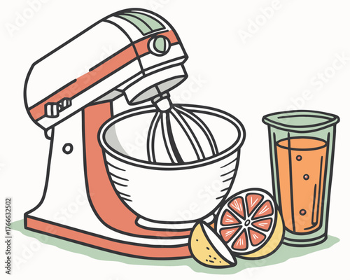 A white stand mixer and a glass of orange juice