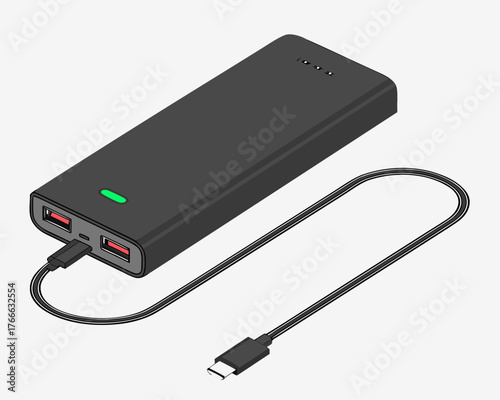 Black power bank with usb cable for charging