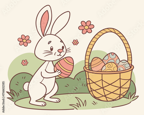Cartoon bunny holding easter egg with basket