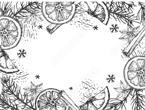 A graphic vector frame with fir tree branches, oranges, cinnamon, star anise. A black and white spice template for label and packaging design for Christmas sweets and mulled wine.