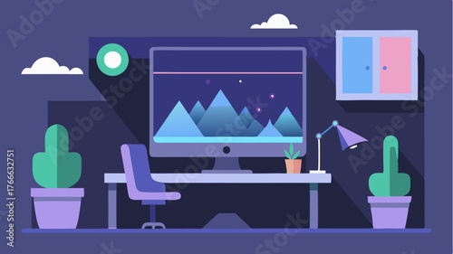 A serene workspace with a projected ambient environment such as a calming nature scene integrated with holographic productivity tools.