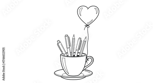 A heart shaped balloon floats above pens in a teacup sketch
