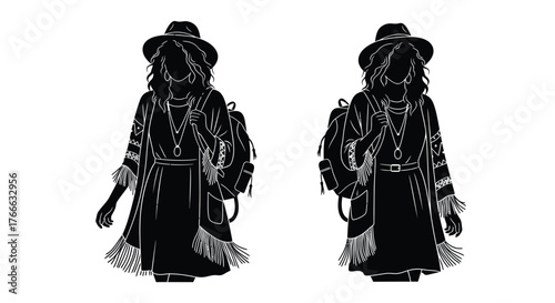 Silhouette of a woman with long hair backpack and bohemian clothing
