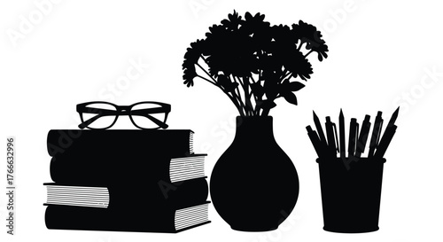 A still life arrangement of books glasses flowers and writing tools