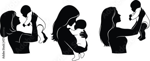Black silhouette adults holding babies, tender and loving pose, parent-child bond concept, emotional care, vector illustration design