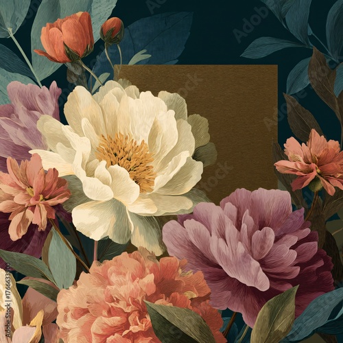Vintage Style Peonies: A Moody, Nature-Inspired Floral Arrangement for Elegant Wedding Invitations and Decorative Artwork with Exclusive Botanical Design
