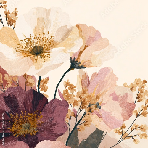 Floral Illustration with Pink Petals in Watercolor: Botanical Art for Modern Home Decor with Vintage Aesthetic and Spring Theme
