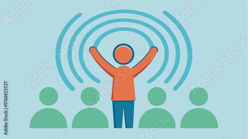 An individual raising their hand to speak outlined by circular shapes that radiate outward illustrating the powerful ripple effect of community voices.