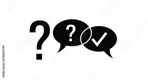 Question marks and a check mark inside speech bubbles black on white