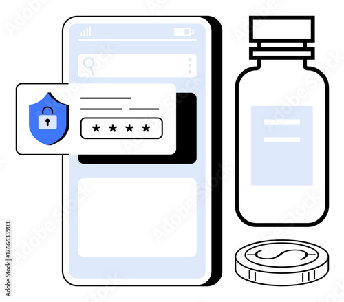 Smartphone displaying login protection, shield icon with password, medicine bottle, and coin. Ideal for healthcare, privacy, digital security, medical payment, online pharmacy e-health secure