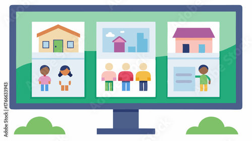 A community bulletin board displays digital flyers with local events neighborhood news and art from local children inviting participation.