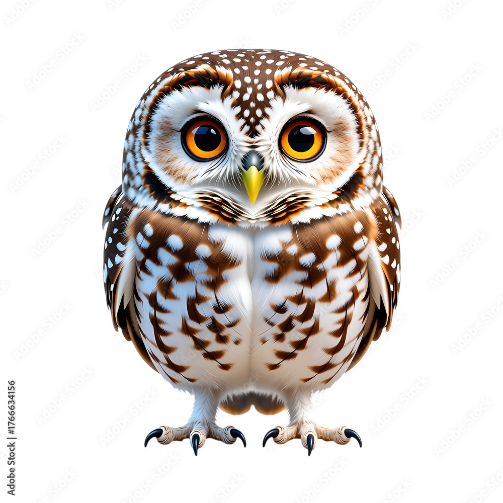 Fototapeta premium Cute spotted owl with bright orange eyes isolated on transparent background