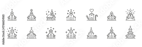 Set of twelve minimalist line church icons in unique designs
