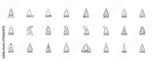 Collection of Minimalist Black and White Christmas Trees Line Drawings