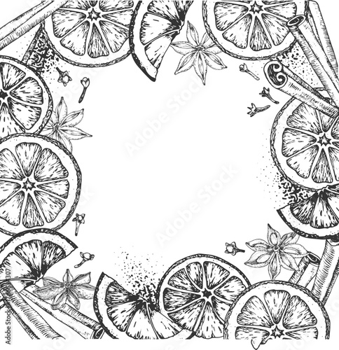 Christmas hand-drawn vector illustration with mulled wine ingredients: cinnamon, anise, dried apple and orange, cloves, cardamom. Square graphic frame label template