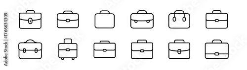 Set of twelve simple line briefcase icons in black and white
