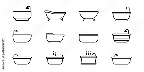 Set of twelve line icons of different bathtub designs